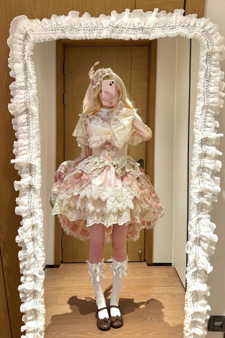 Pink Peacock Feather Multi-Layered Ruffle Hanayome Cardigan Bowknot Lace Sweet Lolita Jsk Dress Set