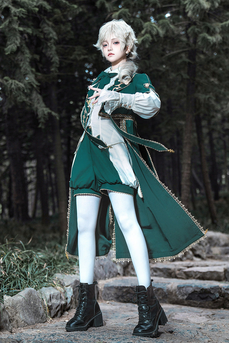Green Theocratic Messenger Embroidery Classic Military Gorgeous Handsome Ouji Lolita Coat Blouse Shorts Set