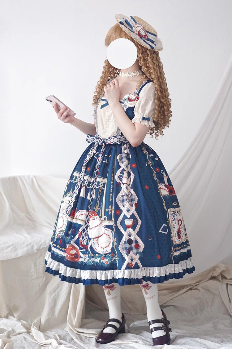 Dark Blue Tea Party Short Sleeves Print Ruffle Bowknot Lace Sweet Elegant Lolita Dress