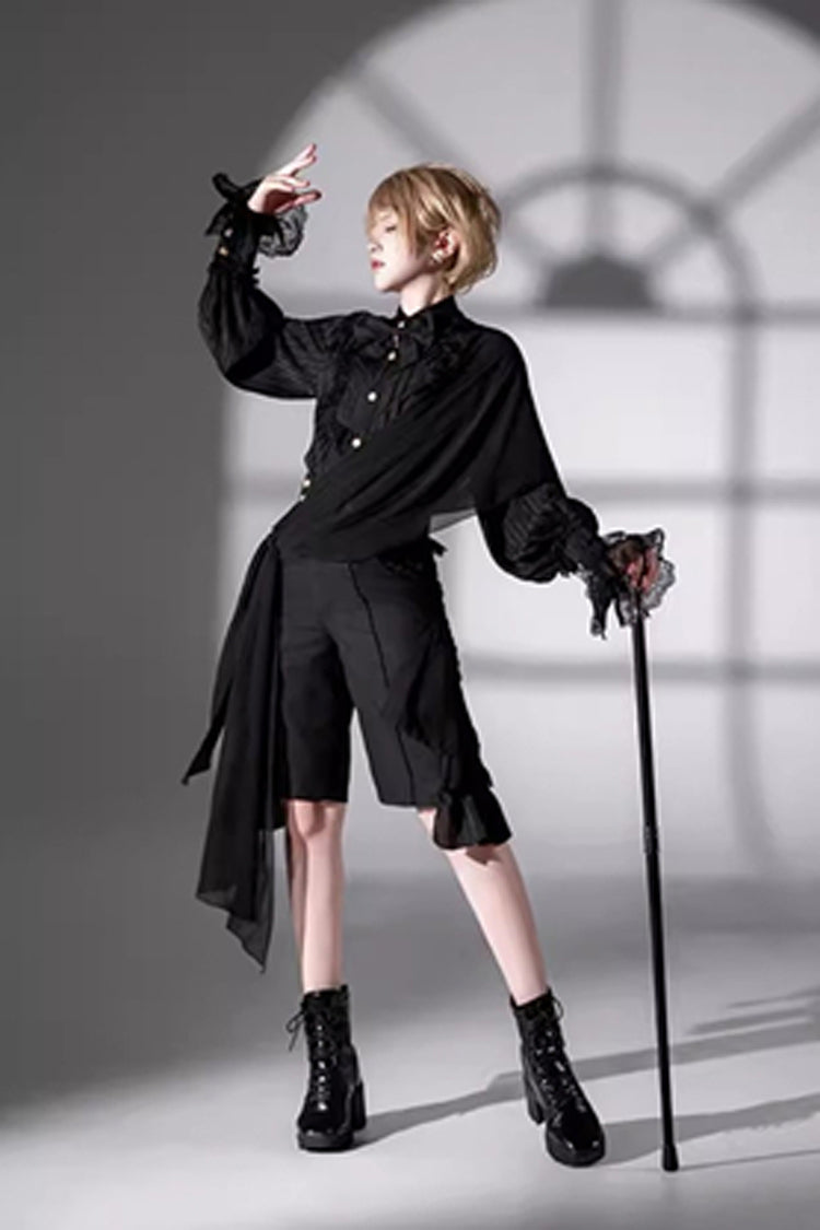 Black Eternal City Long Sleeves Lace Gothic Prince Medieval Ouji Lolita Blouse Knee-Length Shorts Set