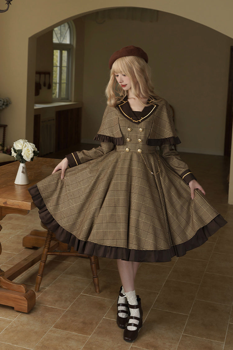 Brown Baker Street Stories Stripe Print Ruffle Fake Two Pieces British College Style Classic Lolita Dress