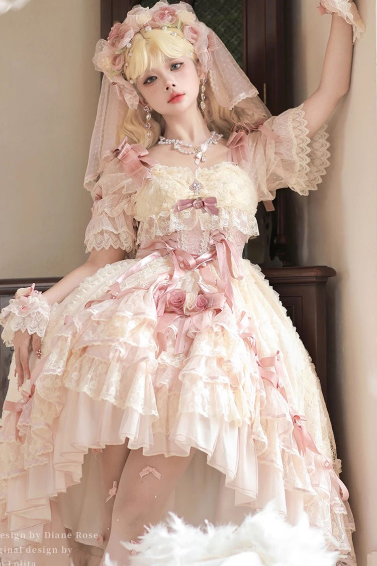 Pink Diane Rose Short Sleeves Multi-Layered Jacquard Ruffle Hanayome Cardigan Bowknot Lace Sweet Lolita Dress