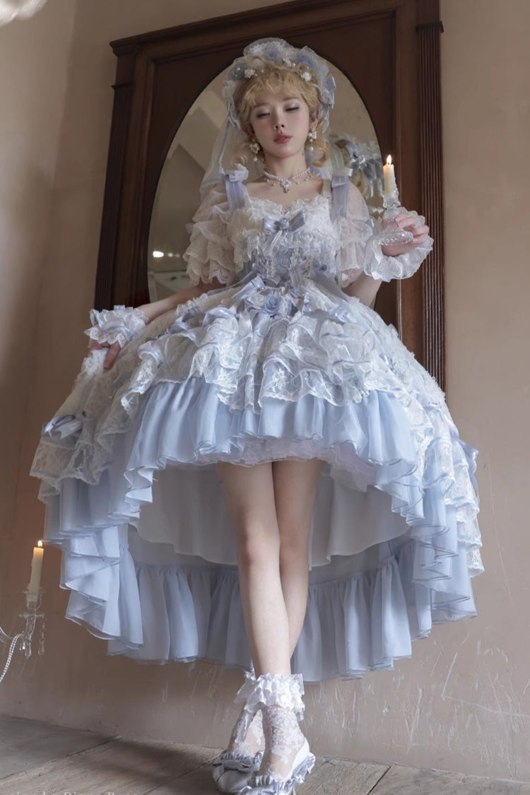 Blue Diane Rose Short Sleeves Multi-Layered Jacquard Ruffle Hanayome Cardigan Bowknot Lace Sweet Lolita Dress