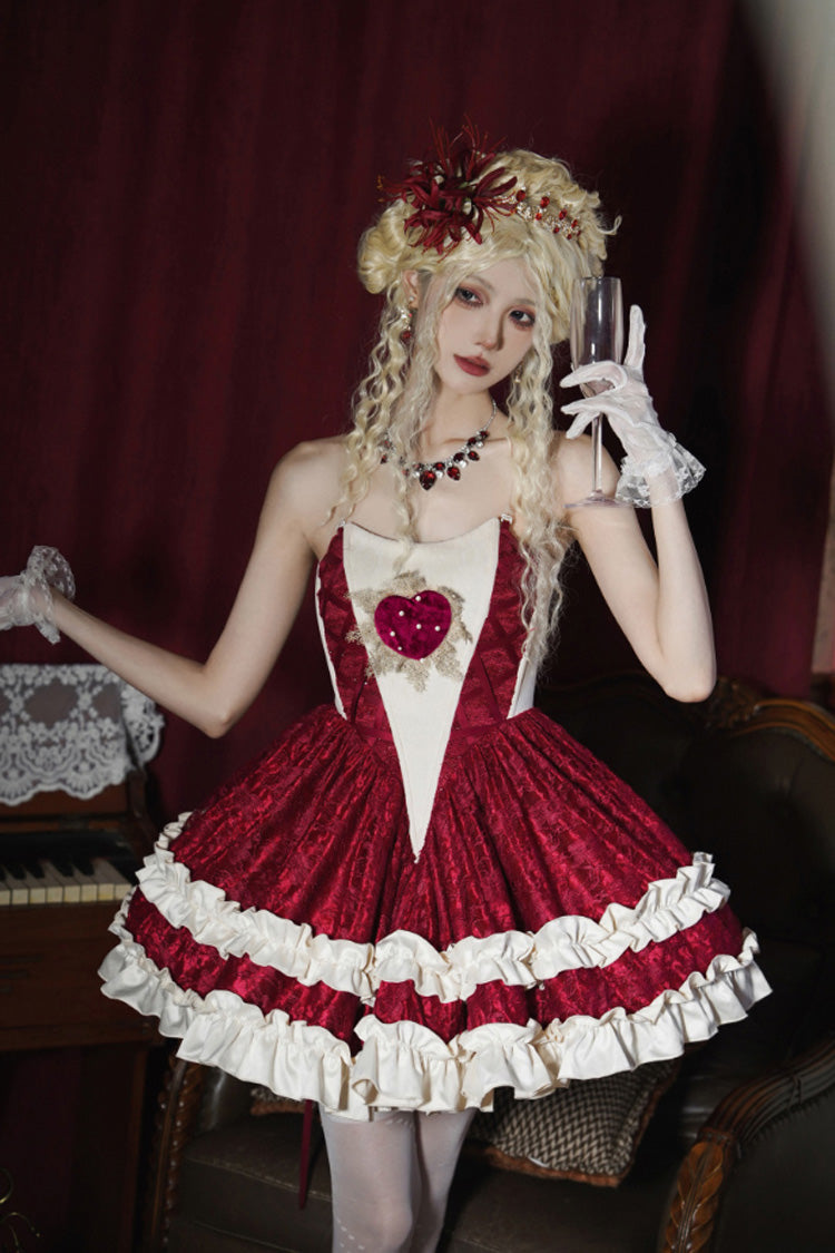 Red Heart of Mary Tube Top Sleeveless Ruffle Fishbone Gothic Lolita Dress