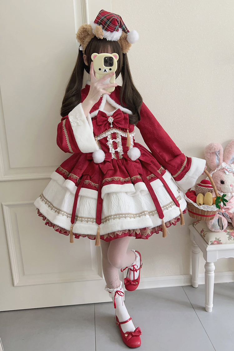 Red Snow Rabbit Long Sleeves Ruffle Bowknot Fake Two Pieces Sweet Lolita Dress