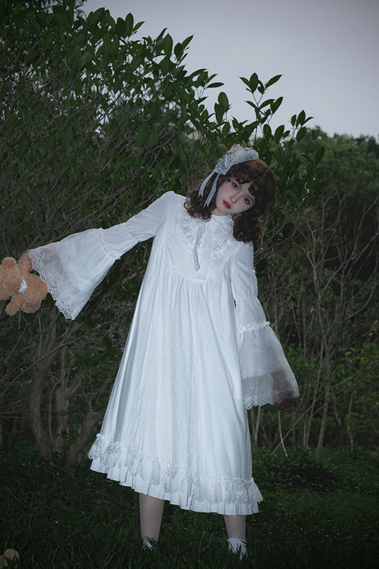 White Requiem Stand Collar Long Sleeves Ruffle Lace Gothic Lolita Dress