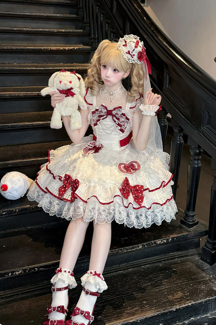 White Polka-Dot Love Letter Sleeveless Double-Layered Bowknot Lace Pearl Sweet Lolita Jsk Dress
