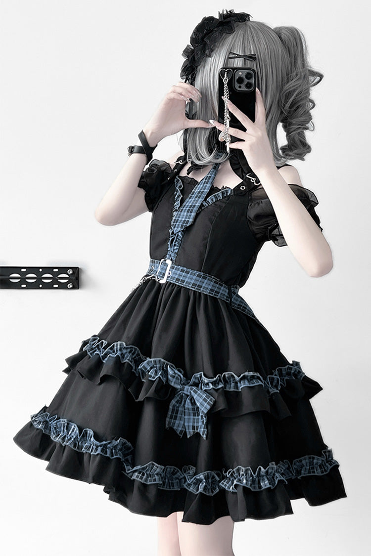 Black Dark Night Starlight Chain Ruffle Bowknot Lace Buckle Gothic College Style Lolita Dress Set