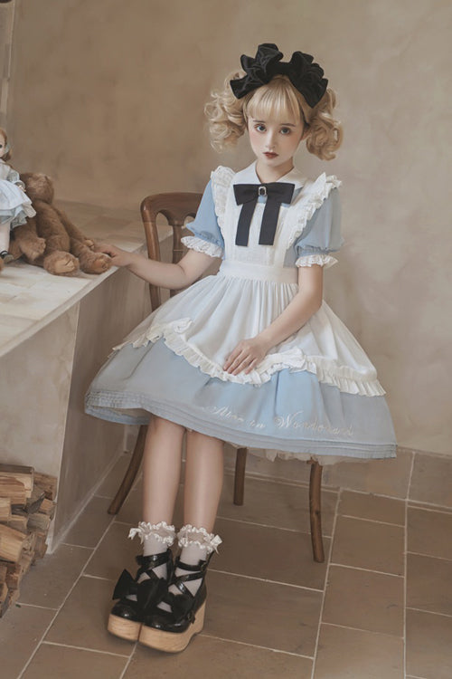 Round Collar Lace Puff Short Sleeves With Apron Sweet Lolita Dress