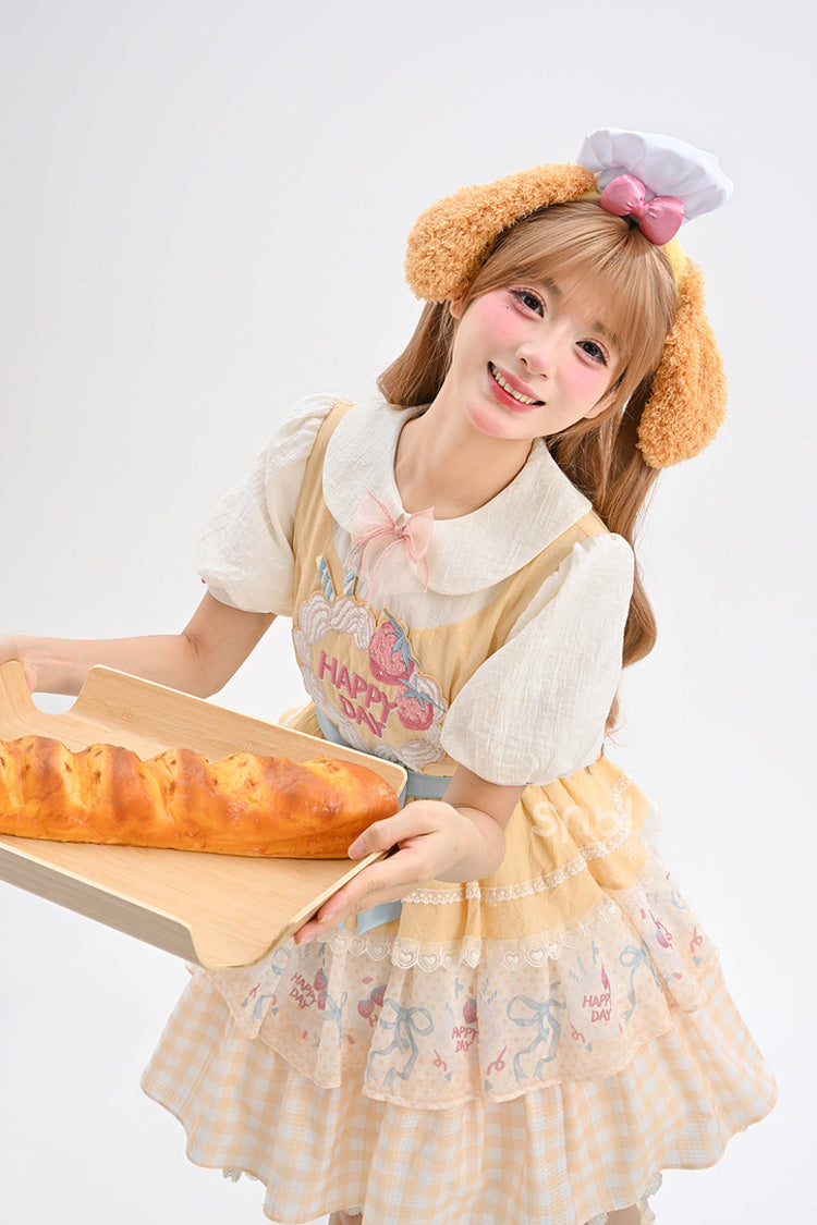 Yellow Happy Day Short Sleeves Triple-Layered Print Bowknot Lace Sweet Princess Lolita Dress