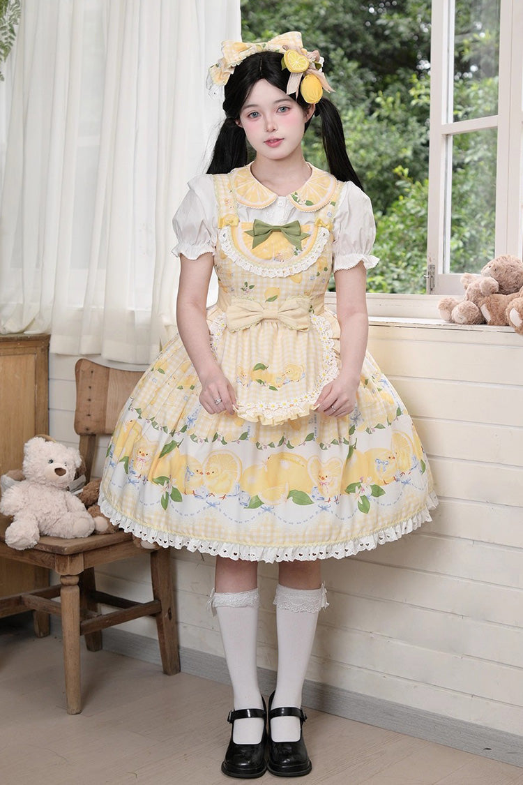 Yellow Lemon Chicken Print Ruffle Bowknot Lace Sweet Lolita Jsk Dress