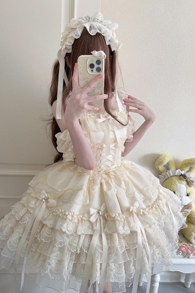 Apricot Ribbon Heart Love Sleeveless Multi-Layered Ruffle Bowknot Lace Lace-Up Sweet Princess Ballet Lolita Jsk Dress