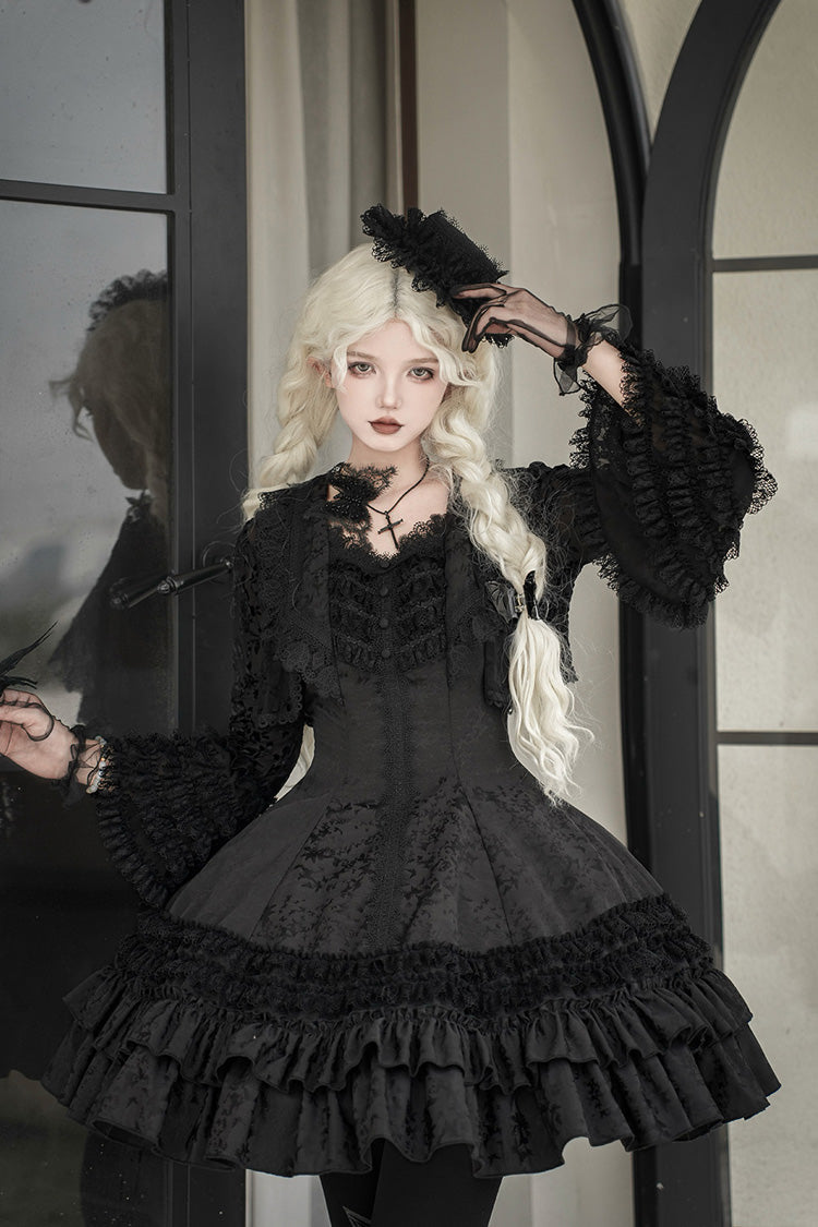 Escape Double-Layered Jacquard Striped Printed Ruffled Slim Gothic Lolita Jumper Dress 3 Colors