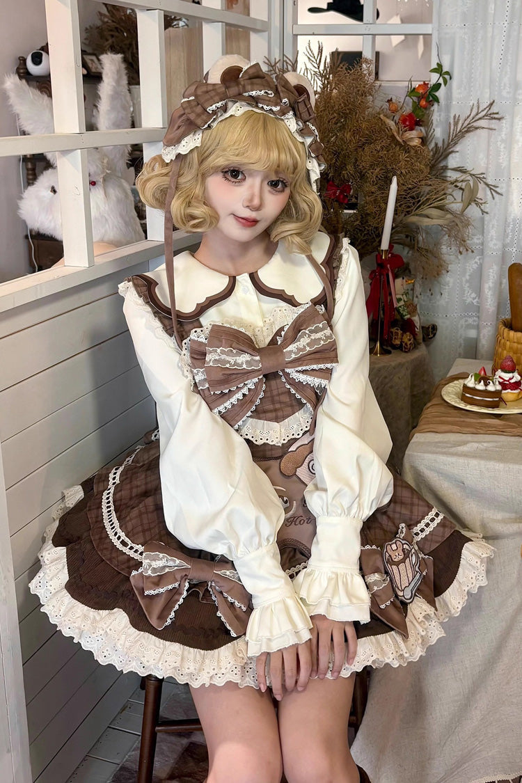 Brown Hot Cocoa Little Bear Sleeveless Print Ruffle Bowknot Lace Sweet Lolita Jsk Dress