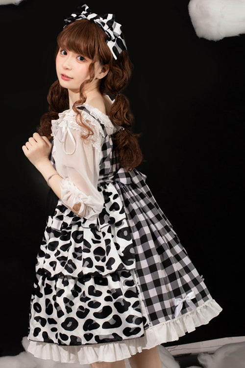 White/Black Milk Cow Plaid Panel Ruffled High Waisted Sweet Lolita JSK Dress