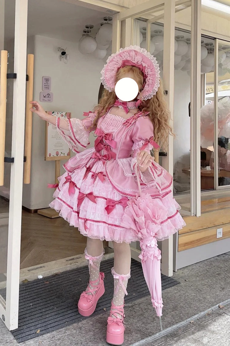 Pink Velvet Cake Long Trumpet Sleeves Multi-Layered Ruffle Bowknot Lace Sweet Lolita Dress