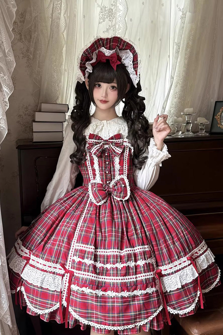 Red Gingham Petal Bunny Printed Ruffled Bow Sweet Lolita Jsk Dress