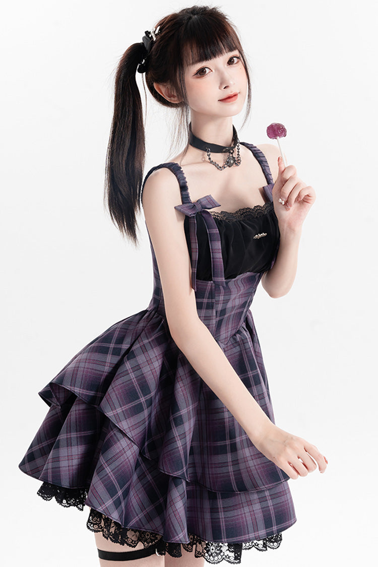 Purple Magic Cat Double-Layered Stripe Print Bowknot Sweet Lolita Jumper Dress