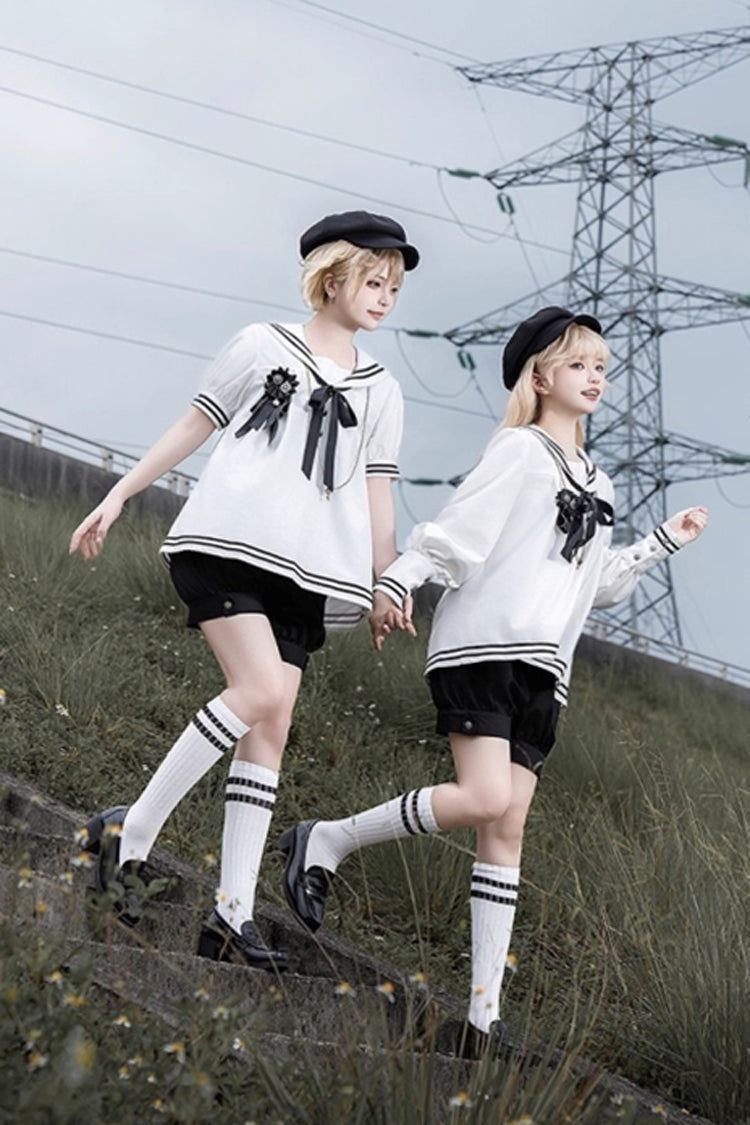 Black/White Old Stories Navy Collar Short Sleeves Bowknot Ouji Gothic Lolita Blouse Shorts Set
