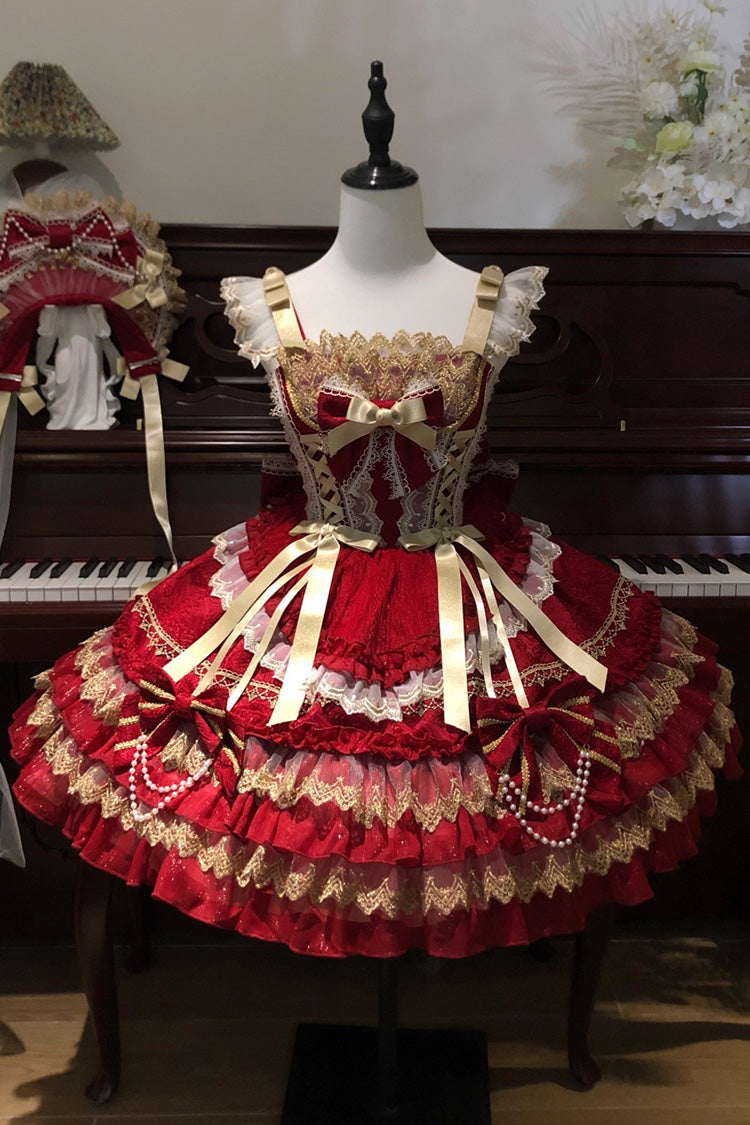 Red Gilded Memories Sleeveless Double-Layered Ruffle Hot Stamping Bowknot Lace Sweet Lolita Jsk Dress