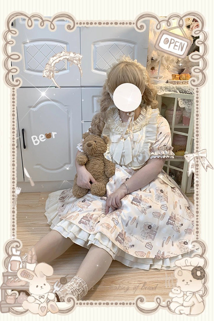 Ivory Short Puff Sleeves Print Ruffle Bowknot Plus Size Princess Lolita Dress