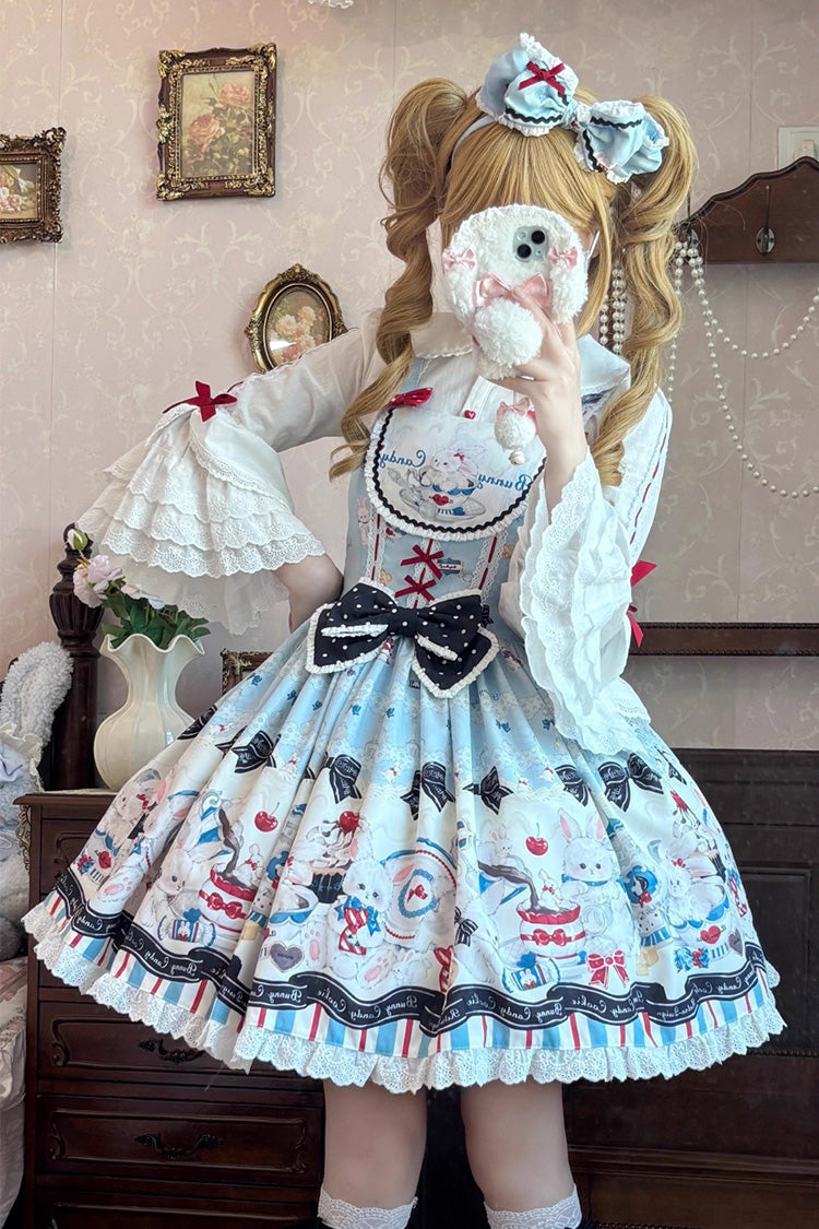 Blue Mystery Rabbit Tea Party Sleeveless Print Ruffle Bowknot Lace Sweet Lolita Jsk Dress