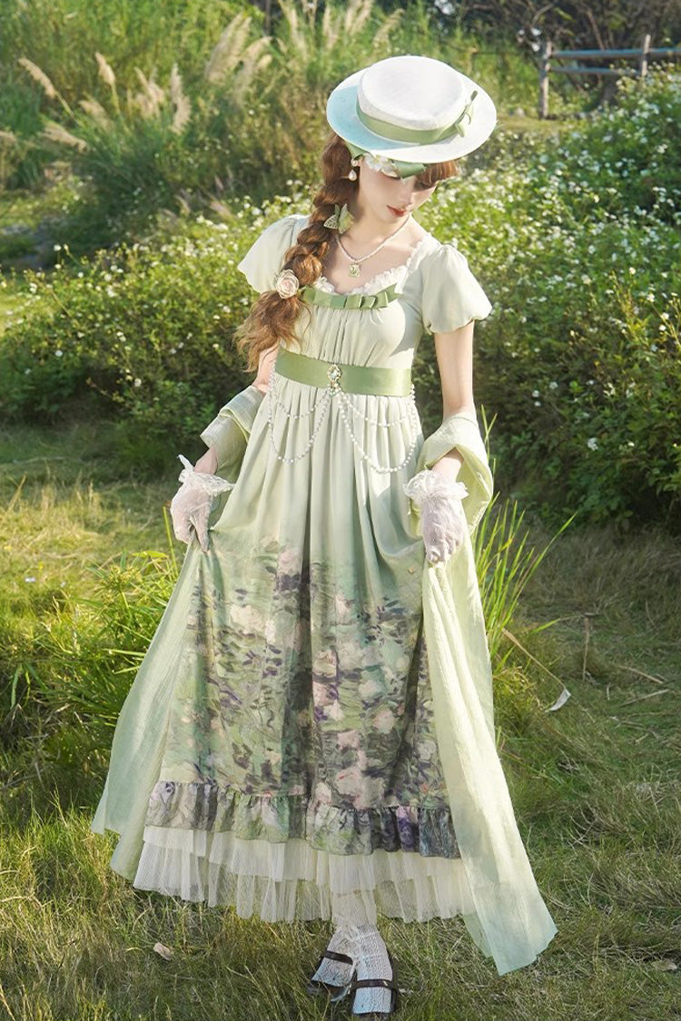 Green Blooming Roses Print Oil Painting Chiffon Short Sleeves Ruffle Bowknot Sweet Lolita Dress