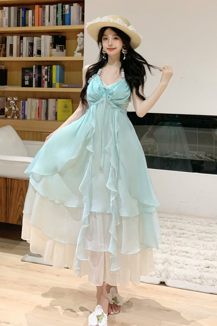 Mint Green Dreaming About The Sea Sleeveless Triple-Layered Ruffle Lace-Up Sweet Lolita Jsk Dress