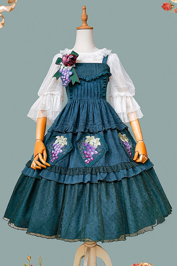 Green Vineyard Sleeveless Jacquard Print Ruffle Embroidery Sweet Lolita Jsk Dress