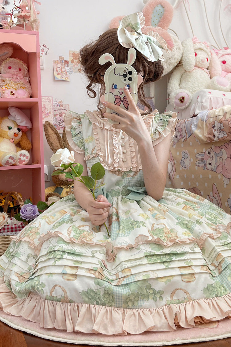 Green Grape Sleeveless Multi-Layered Print Bowknot Sweet Lolita Jsk Dress