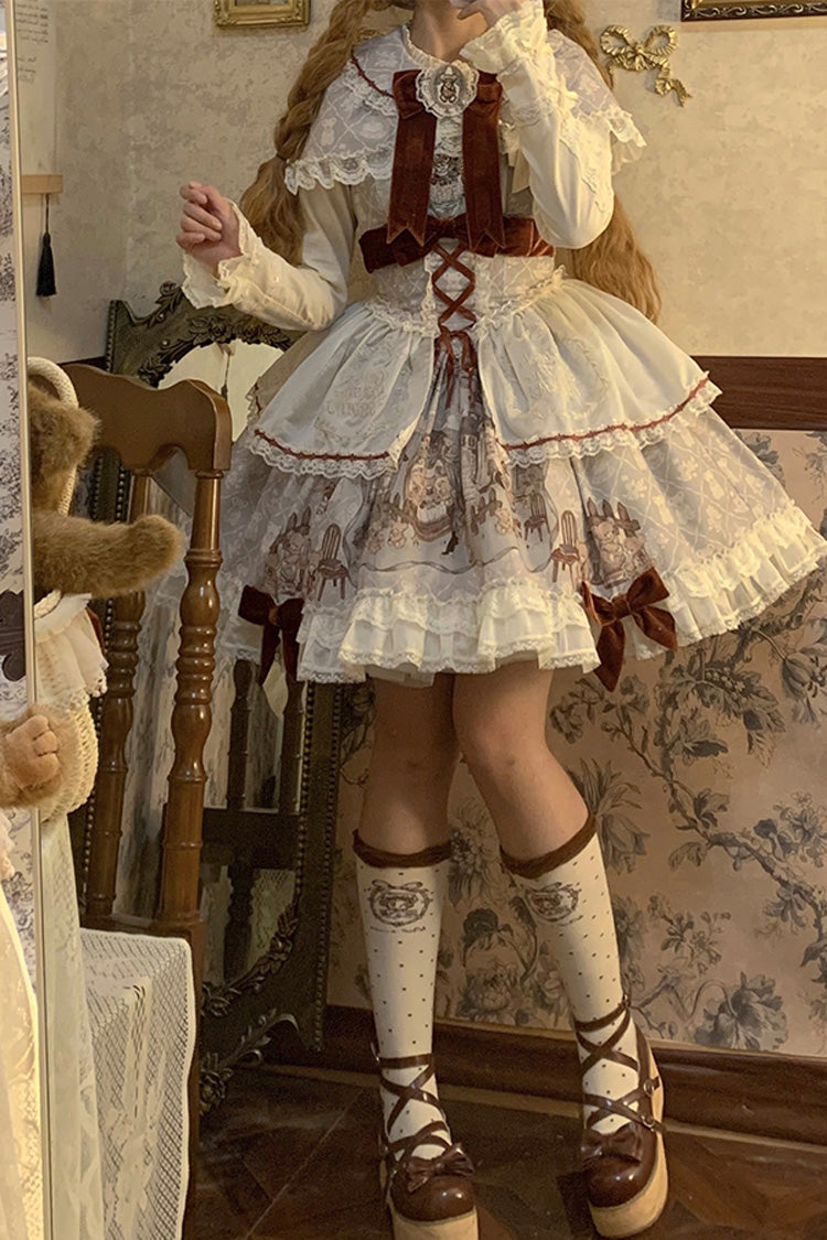 Castle Bear Sleeveless Print Ruffle Bowknot Lace Sweet Lolita Jsk Dress 4 Colors