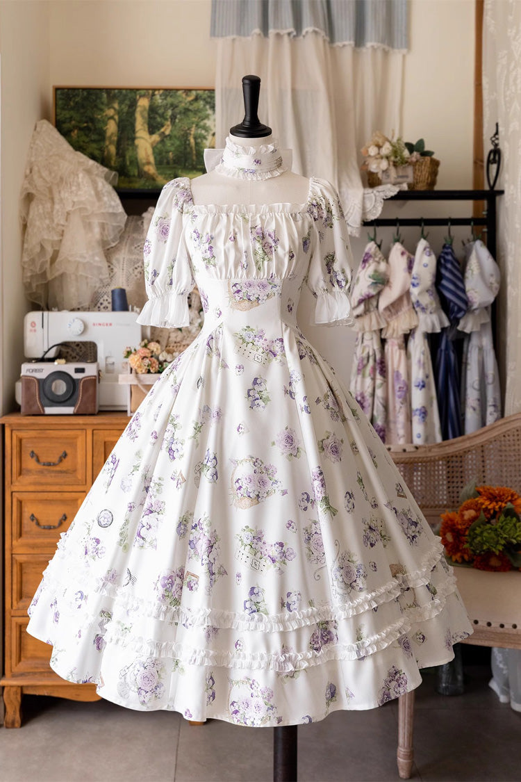 Forest Basket Print Short Sleeves Ruffle Lace Sweet Elegant Lolita Dress 6 Colors