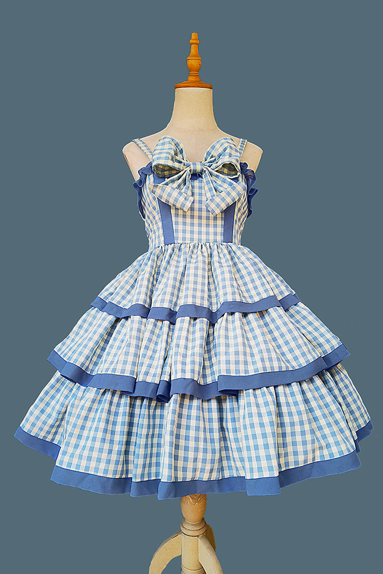 Blue Cloth Cat Triple-Layered Plaid Print Ruffle Bowknot Sweet Lolita Dress 2 Colors