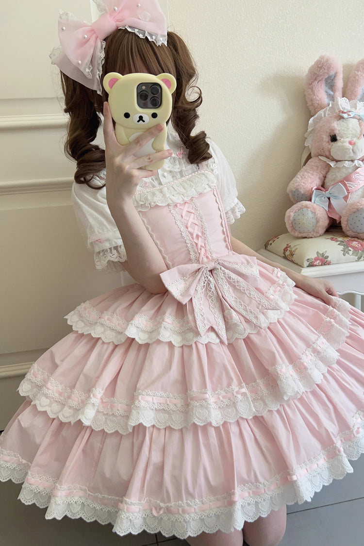 Pink Maiden Heart Triple-Layered Ruffle Bowknot Lace Sweet Lolita Jsk Dress