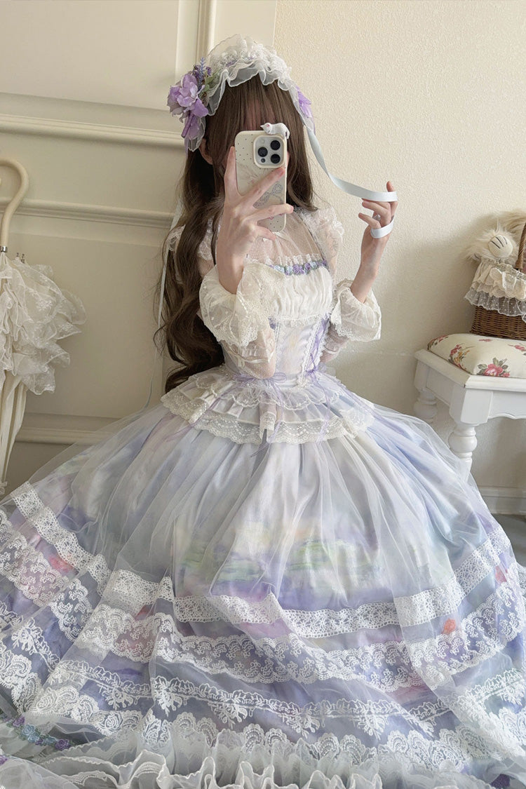 Light Purple Mist-shrouded Vineyard Sleeveless Ruffle Bowknot Lace-Up Sweet Lolita Jsk Skirt Dress Set