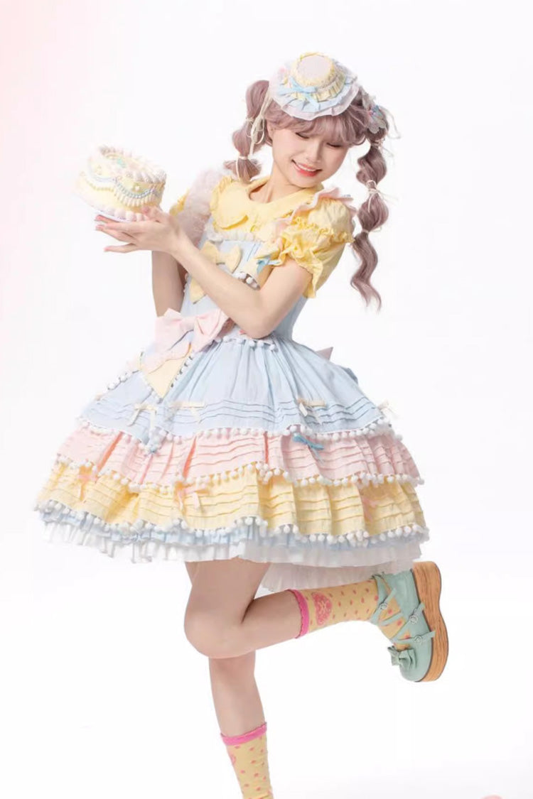Blue/Pink/Yellow Sweetheart Macaron Ice Cream Multi-Layered Ruffle Bowknot Sweet Lolita Dress