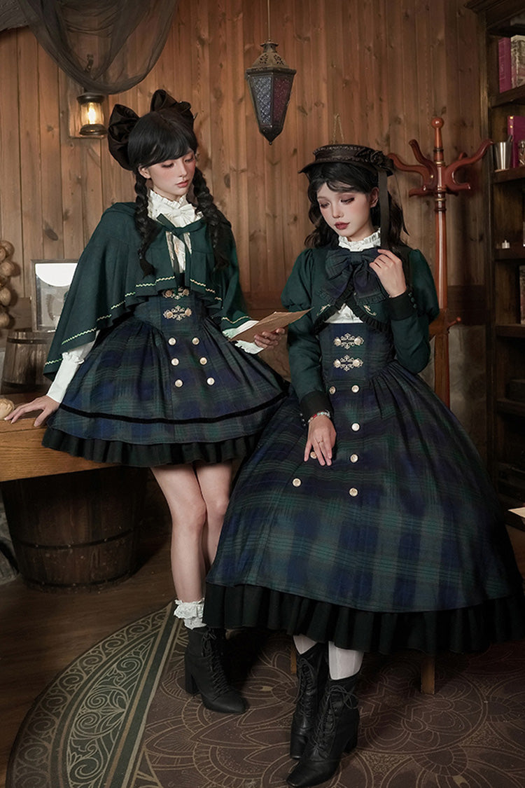 Blue/Green Berlin's letter Double-Layered Plaid Print Ruffle Bowknot Classic College Style Lolita Strap Dress Set 2 Versions