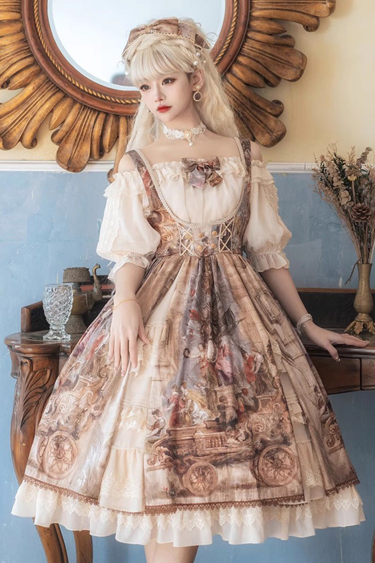 Brown Cloria Oil Painting Print Bowknot Lace Sweet Elegant Palace Lolita Jsk Dress