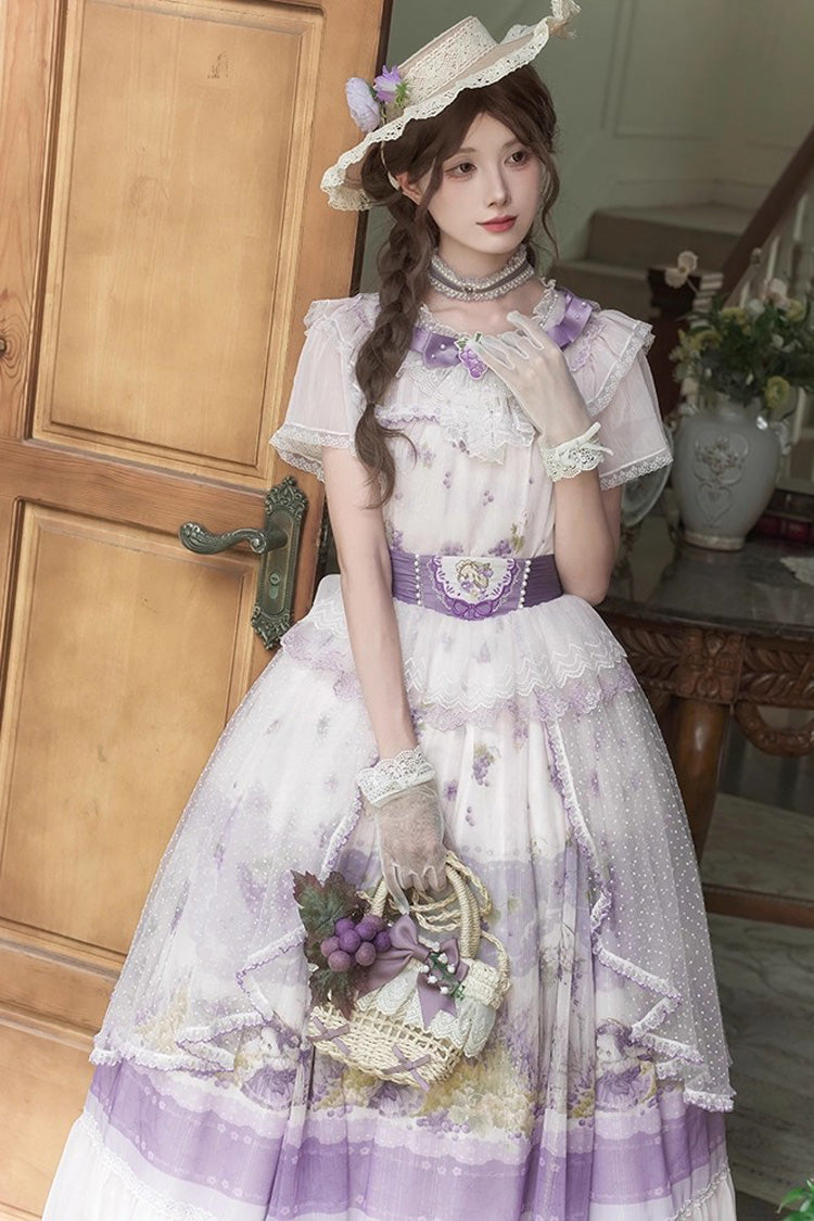 White/Purple Rabbit Vine Story Grape Print Short Sleeves Bowknot Lace Elegant Sweet Lolita Skirt Set