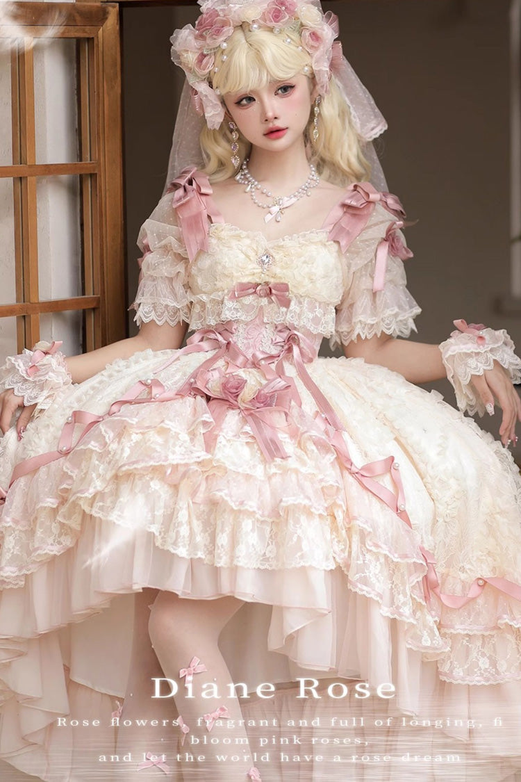 Pink Diane Rose Short Sleeves Multi-Layered Jacquard Ruffle Hanayome Cardigan Bowknot Lace Sweet Lolita Dress