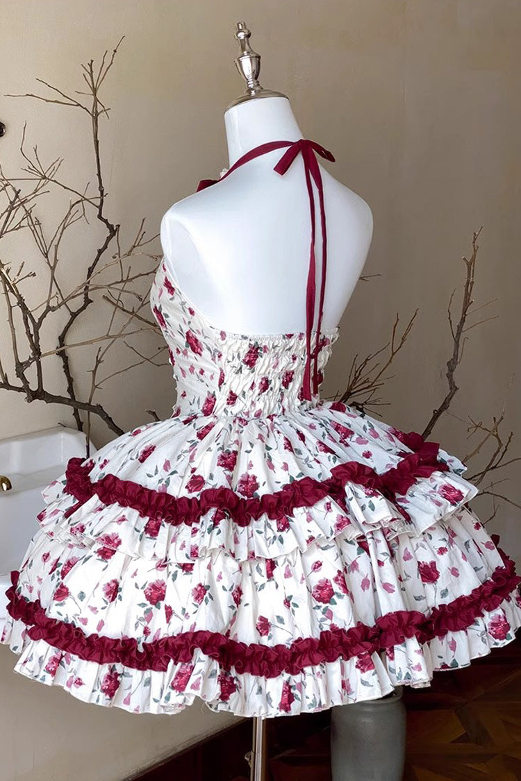 Red/White Halterneck Romantic Rose Print Ruffle Bowknot Sweet Chinese Style Lolita Dress