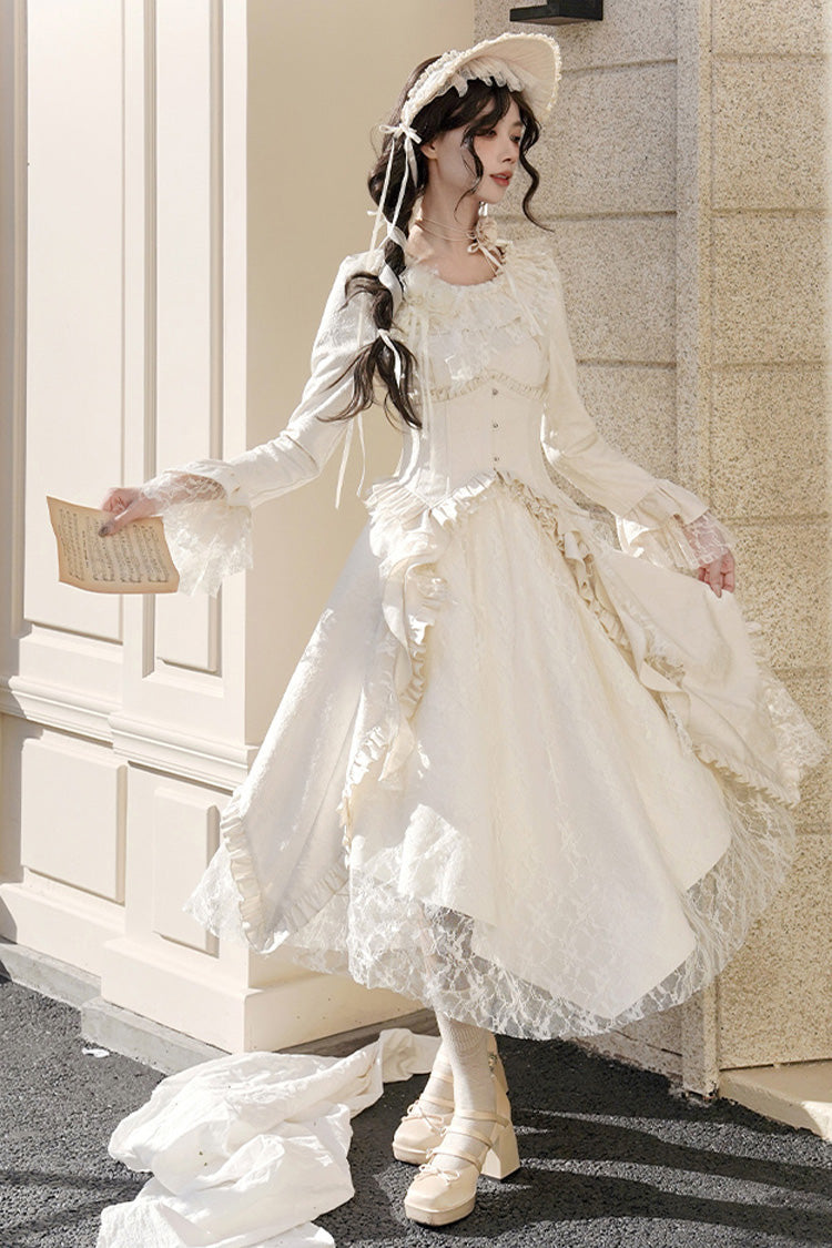 Ivory White Tea Long Sleeves Ruffle Bowknot Lace Irregular Classic Princess Lolita Dress