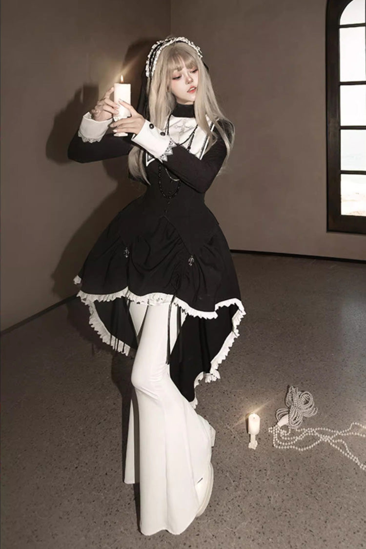 Black/White Peace Prayer Long Sleeves Ruffle Bowknot Asymmetric Gothic Lolita Skirt Set