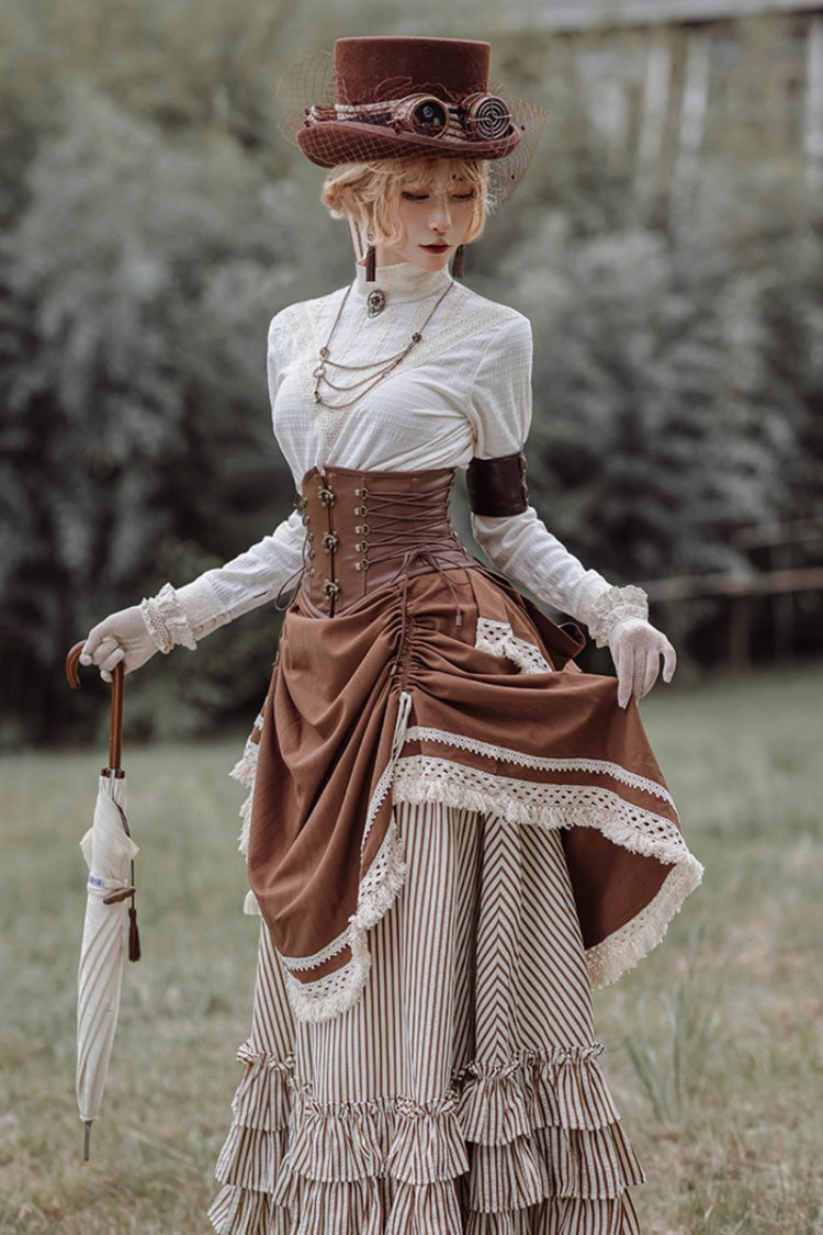 White/Brown Victorian Style Triple-Layered Striped Print Ruffle Classic Vintage Lolita Basil Skirt