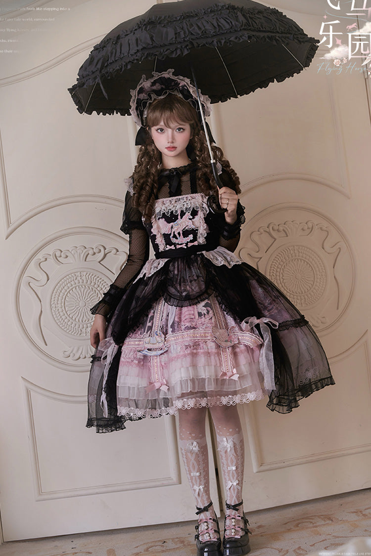 Black/Pink Pegasus Park Multi-Layered Print Ruffle Bowknot Lace Sweet Gorgeous Lolita Jsk Dress