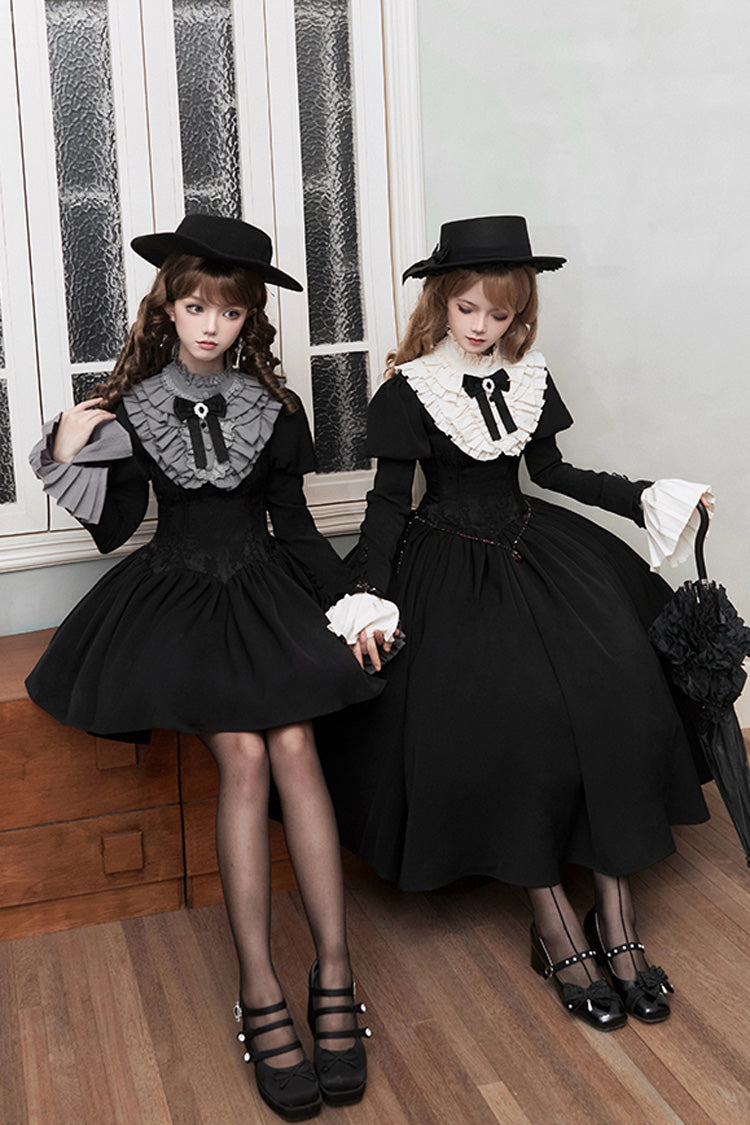 Black Old Testament Short Sleeves Ruffle Embroidery Bowknot Lace-Up Gothic Lolita Dress 2 Versions