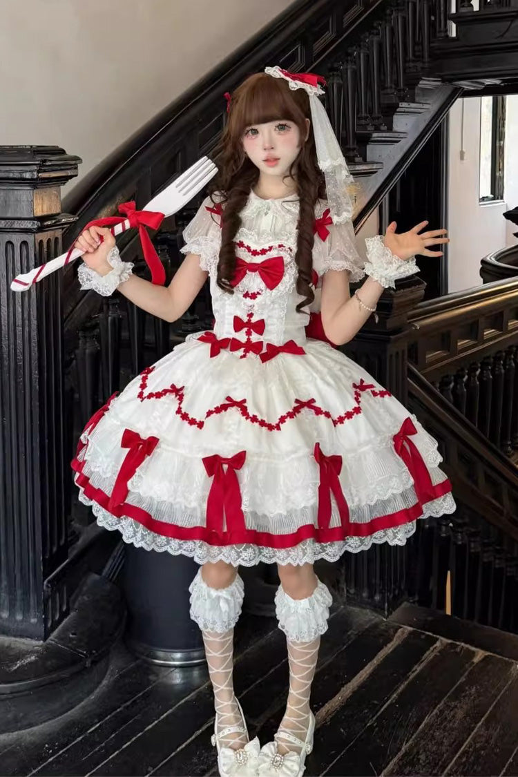 Red/White Scarlet Heart Cocoa Sleeveless Triple-Layered Ruffle Embroidery Bowknot Lace Sweet Lolita Jsk Dress