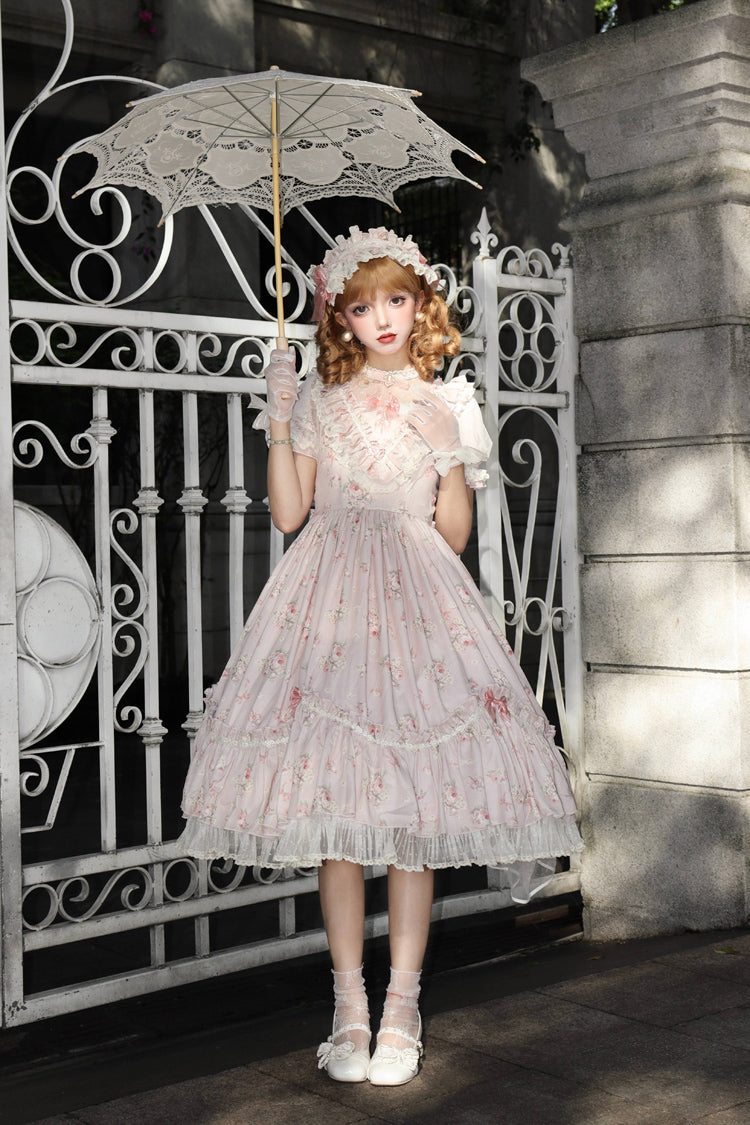 Daydream Rose Short Sleeves Floral Jacquard Print Ruffle Embroidery Bowknot Sweet Lolita Dress 3 Colors