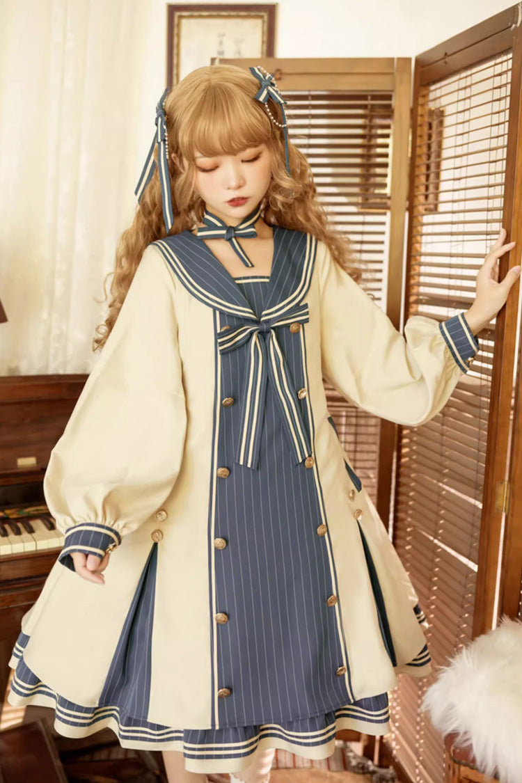 Blue/Apricot Navy Collar Long Sleeves Print Ruffle Bowknot Sweet Plus Size Lolita Dress