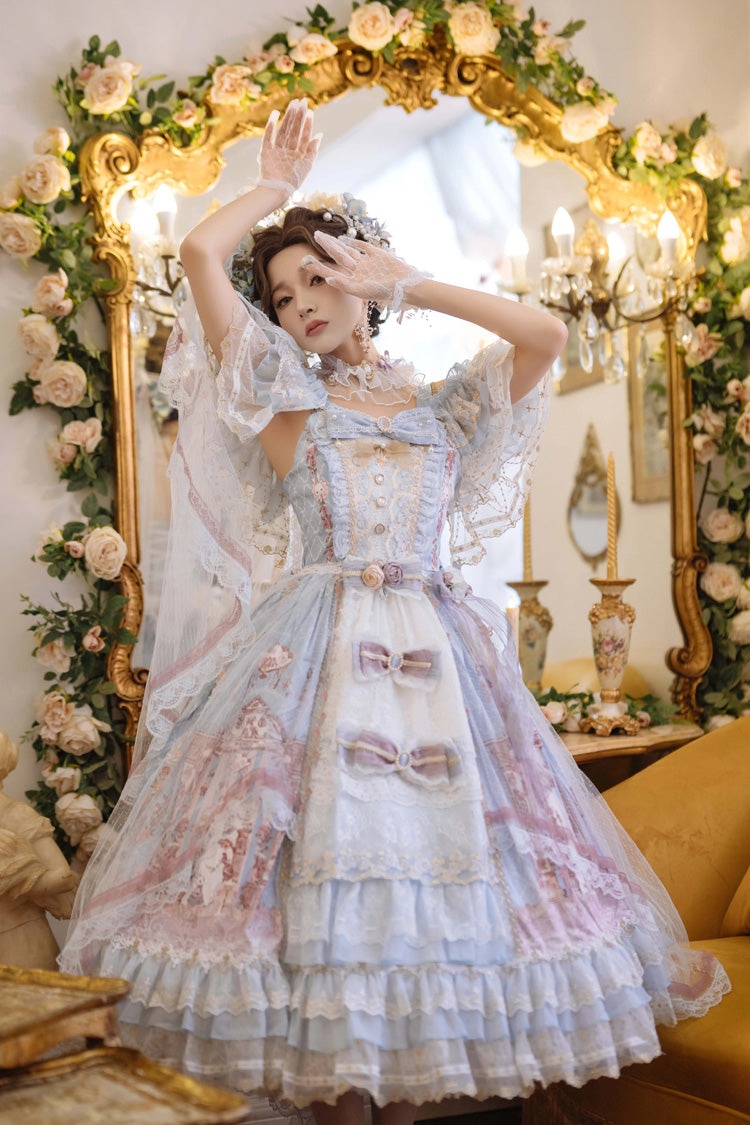 Blue Moonlight Melody Off Shoulder Sleeveless Multi-Layered Hanayome Open-Front Bow Lace Sweet Gorgeous Lolita Jsk Dress Set